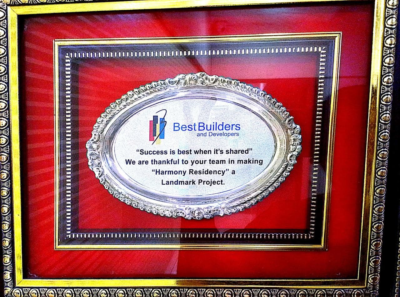 Award plaque from Best Builders and Developers for Harmony Residency